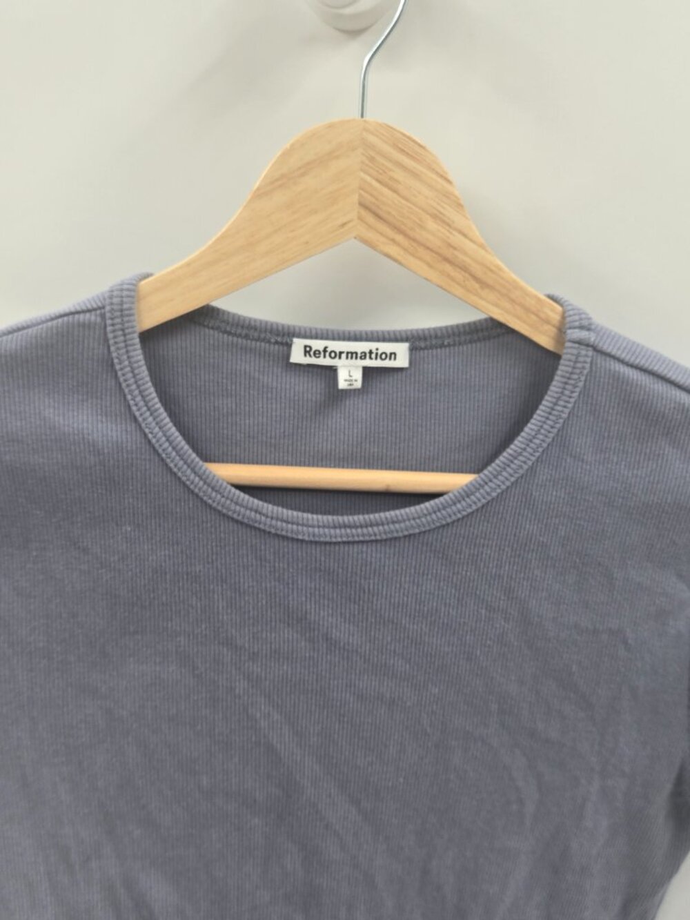 Reformation Grey Blue Fitted Ribbed Cropped Organic Cotton Baby Tee Shirt Large - Picture 4 of 8